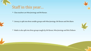 Staff in this year…
• Class teachers are Miss Jennings and MrRonan.
• Literacy is split into three smaller groups with Miss Jennings, Mr Ronan and Mrs Bains
• Maths is also split into three groups taught by MrRonan, Miss Jennings and Mrs Dobson.
 