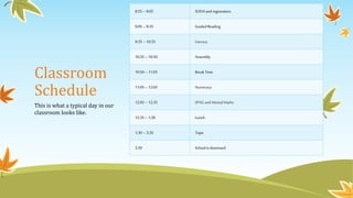 Classroom
Schedule
8:55– 9:05 SODAandregistration.
9:05– 9:35 GuidedReading
9:35– 10:35 Literacy
10:35– 10:50 Assembly
10:50– 11:05 BreakTime
11:05– 12:05 Numeracy
12:05–12:35 SPAGandMentalMaths
12:35– 1:30 Lunch
1:30– 3:20 Topic
3:30 Schoolisdismissed
This is what a typical day in our
classroom looks like.
 