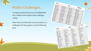 Maths Challenges…
To improvespeed and accuracyof multiplication
facts, children will complete maths challenges
weekly.
When they scorefull marks on two occasions on a
challenge level, they progress onto the following
level.
 