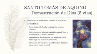 SANTO TOMÁS DE AQUINO
Demostración de Dios (5 vías)
– Demostración	a	posteriori:	del	efecto	a	la	causa	
– ESTRUCTURA:	
– Punto	de	partida:	hecho	empírico	(Las	cosas	se	
mueven)	
– Aplicación	de	un	principio	metafísico	causal	(Todo	lo	
que	se	mueve	es	movido	por	algo)	
– Imposibilidad	de	un	proceso	“ad	infinitum”	(Debe	
haber	algo	que	mueva	sin	ser	movido)	
– Conclusión:	afirmación	de	la	existencia	de	Dios	(Dios	
como	primer	motor	inmóvil)	
	
 