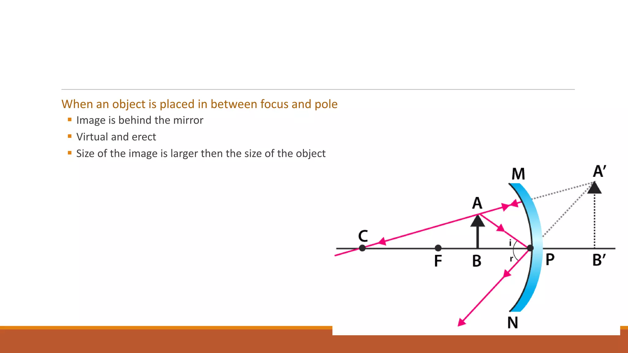 When an object is placed in between focus and pole
 Image is behind the mirror
 Virtual and erect
 Size of the image is larger then the size of the object
 