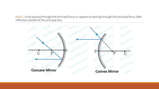 Rule 2: A ray passing through the principal focus or appear to passing through the principal focus after
reflection parallel to the principal axis.
 