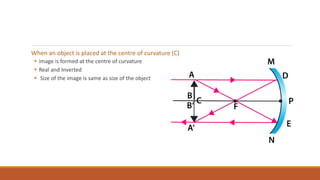 When an object is placed at the centre of curvature (C)
 image is formed at the centre of curvature
 Real and Inverted
 Size of the image is same as size of the object
 