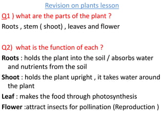 Revision on plants lesson
Q1 ) what are the parts of the plant ?
Roots , stem ( shoot) , leaves and flower
Q2) what is the function of each ?
Roots : holds the plant into the soil / absorbs water
and nutrients from the soil
Shoot : holds the plant upright , it takes water around
the plant
Leaf : makes the food through photosynthesis
Flower :attract insects for pollination (Reproduction )
 