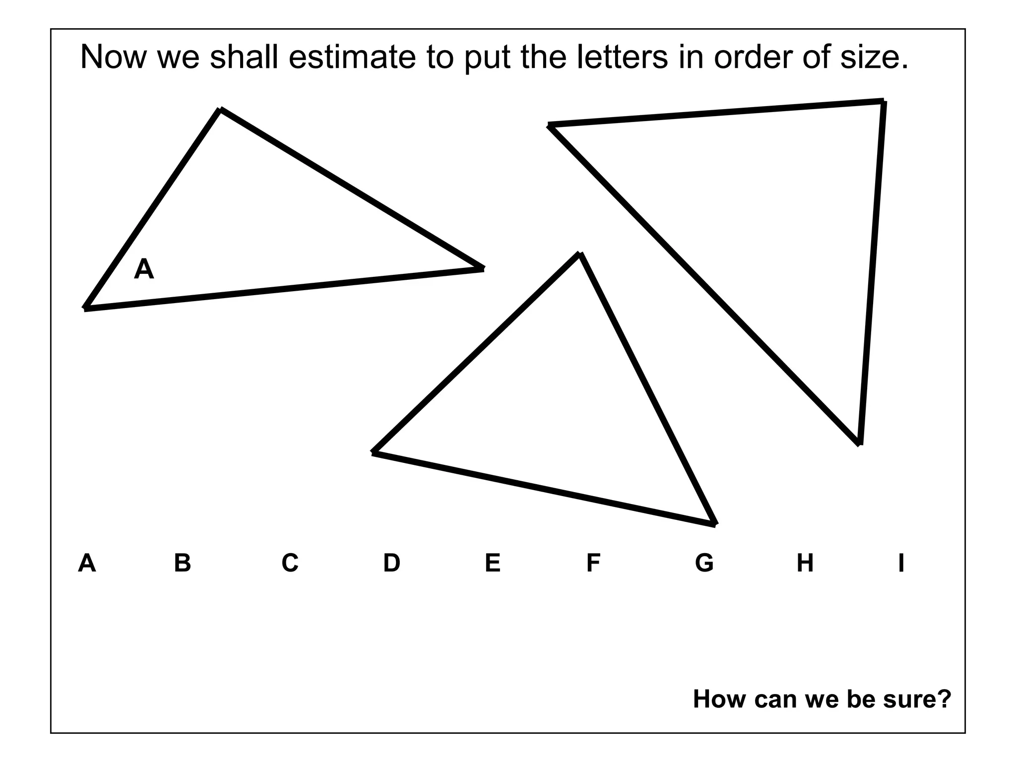Now we shall estimate to put the letters in order of size.
A
A B C D E F G H I
How can we be sure?
 