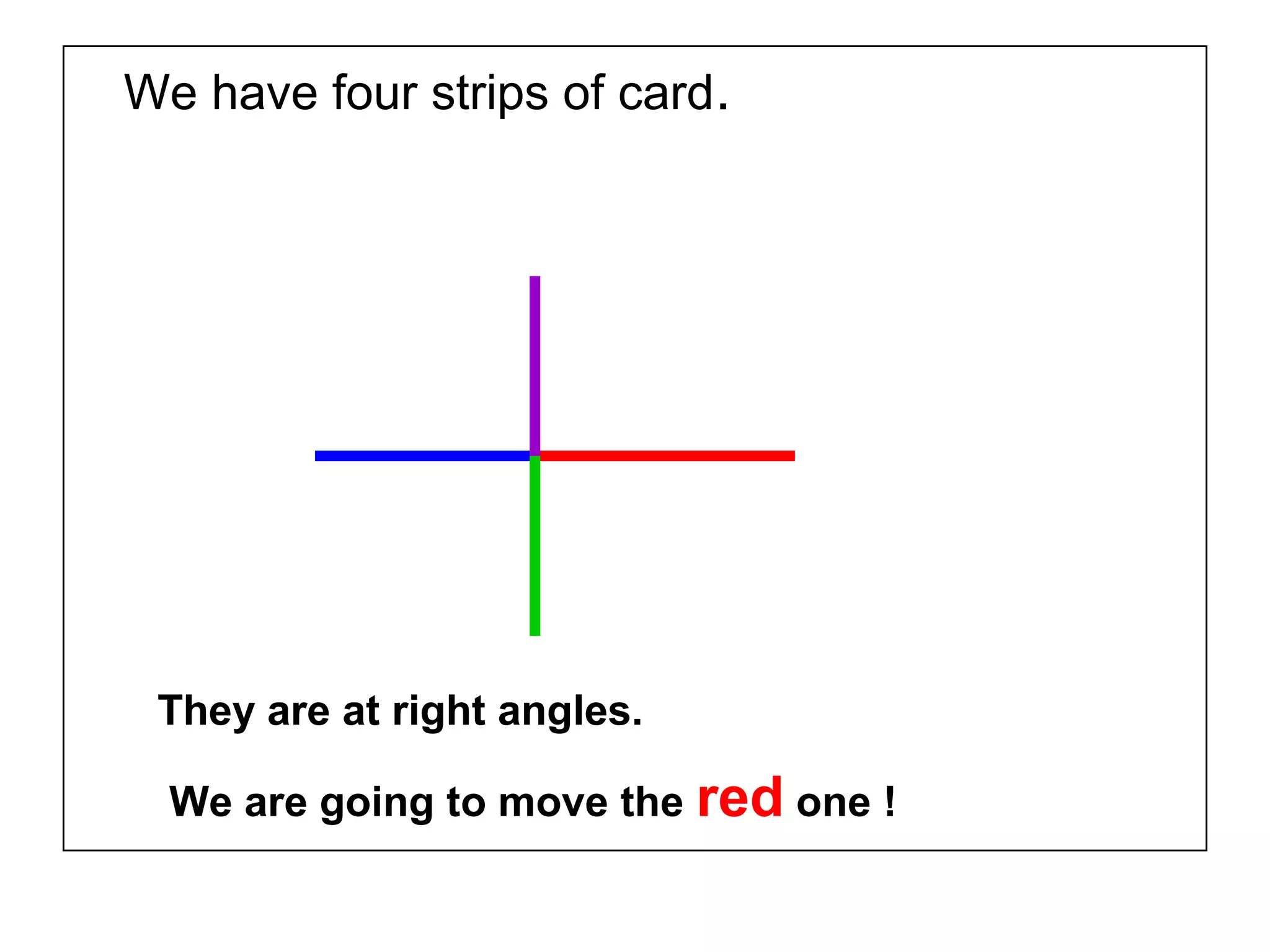 We have four strips of card.
They are at right angles.
We are going to move the red one !
 