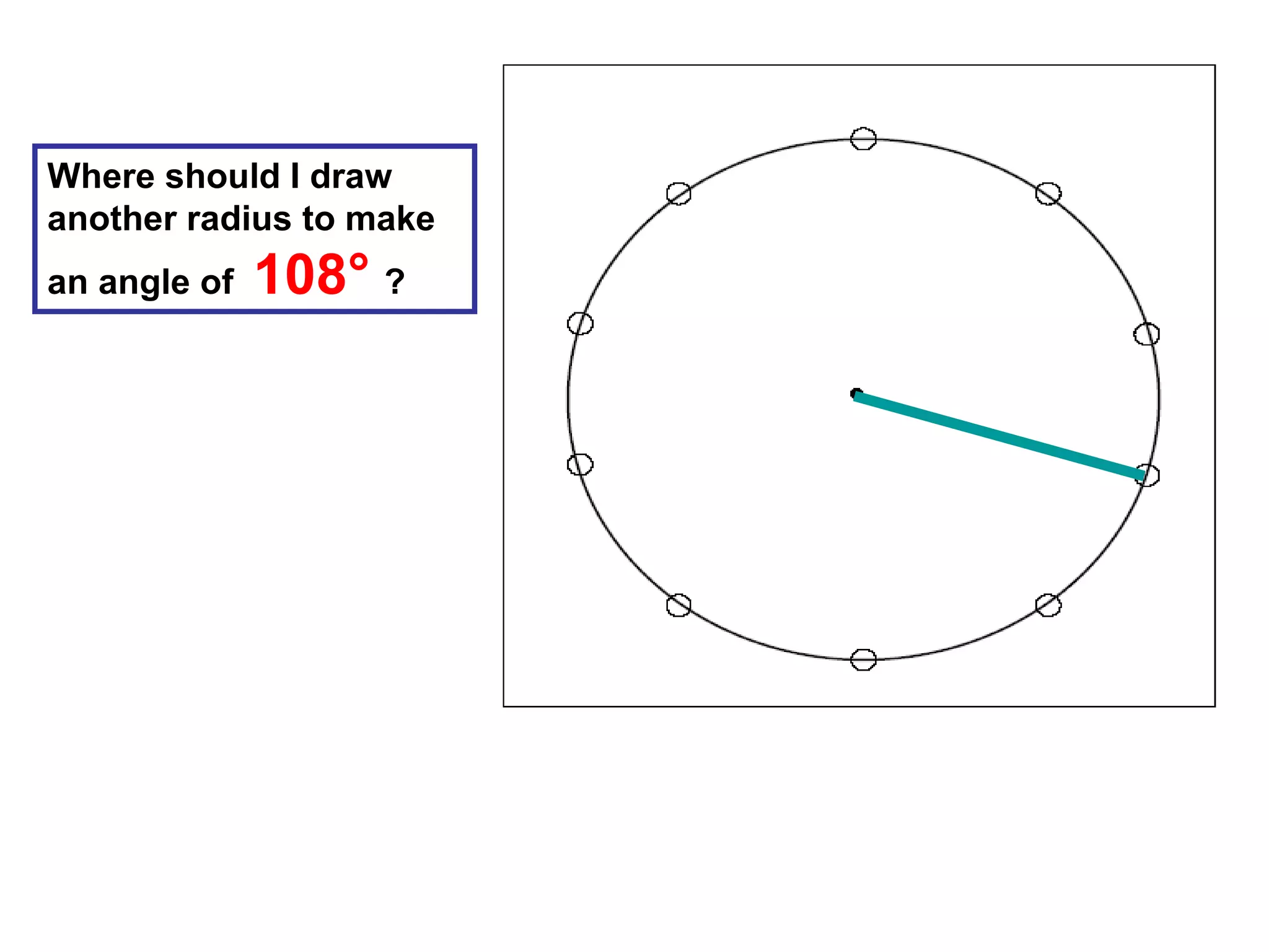 Where should I draw
another radius to make
an angle of 108° ?
 