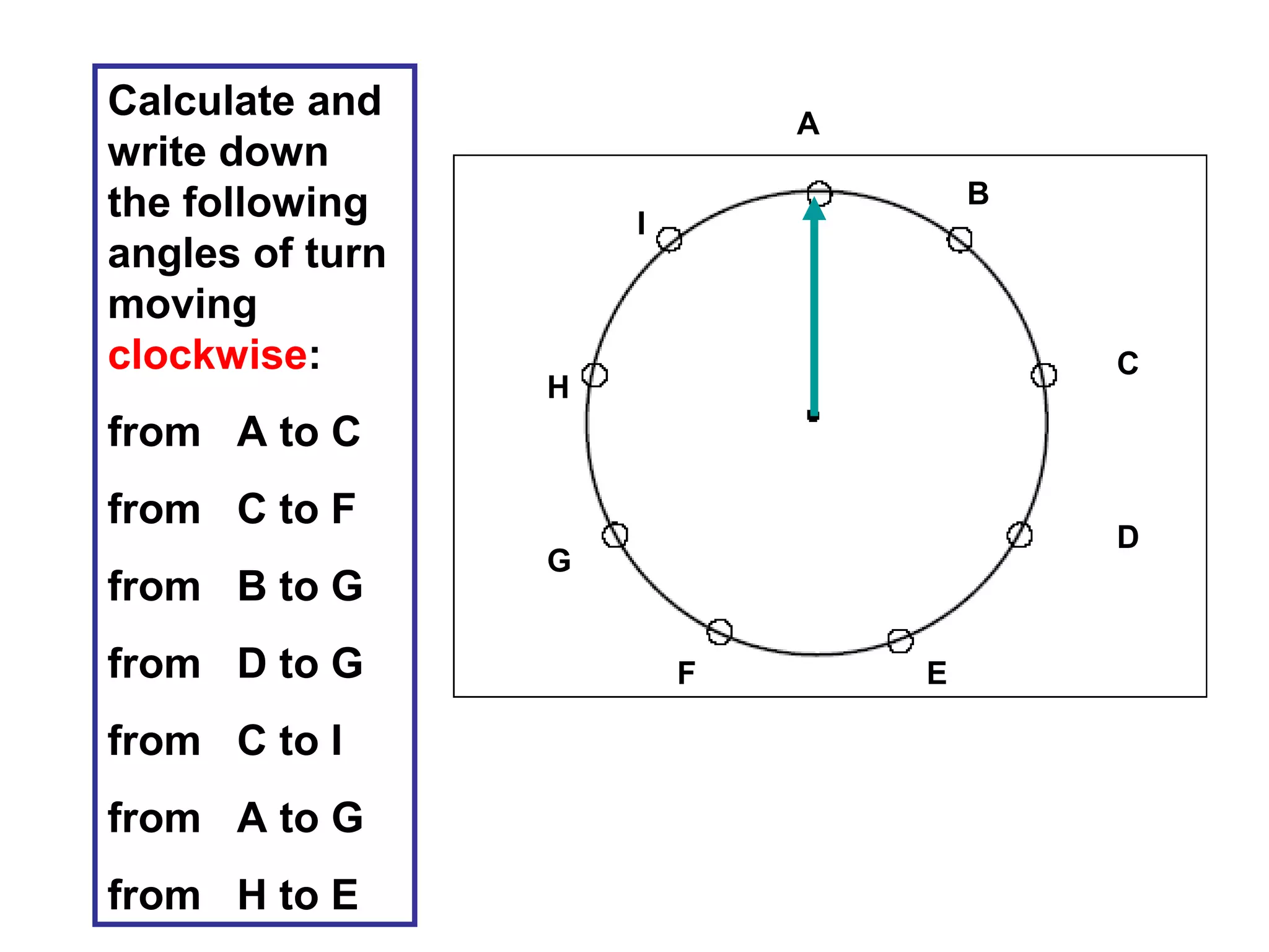 Calculate and
write down
the following
angles of turn
moving
clockwise:
from A to C
from C to F
from B to G
from D to G
from C to I
from A to G
from H to E
A
B
C
D
F E
H
G
I
 
