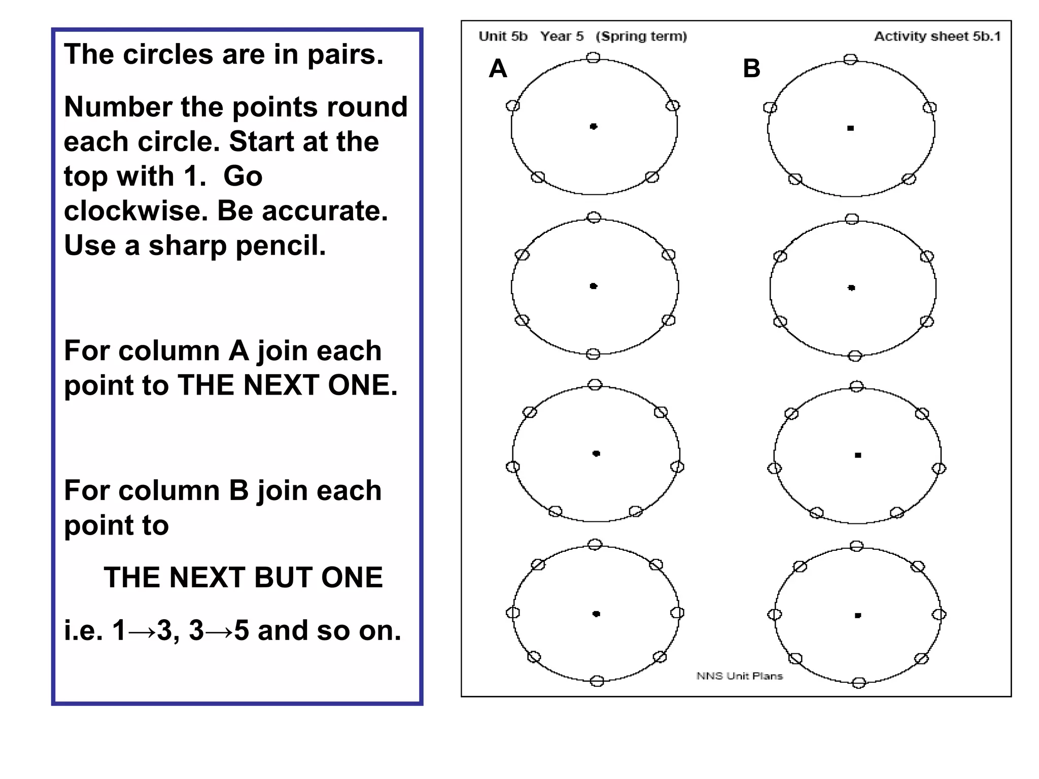 The circles are in pairs.
Number the points round
each circle. Start at the
top with 1. Go
clockwise. Be accurate.
Use a sharp pencil.
For column A join each
point to THE NEXT ONE.
For column B join each
point to
THE NEXT BUT ONE
i.e. 1→3, 3→5 and so on.
A B
 