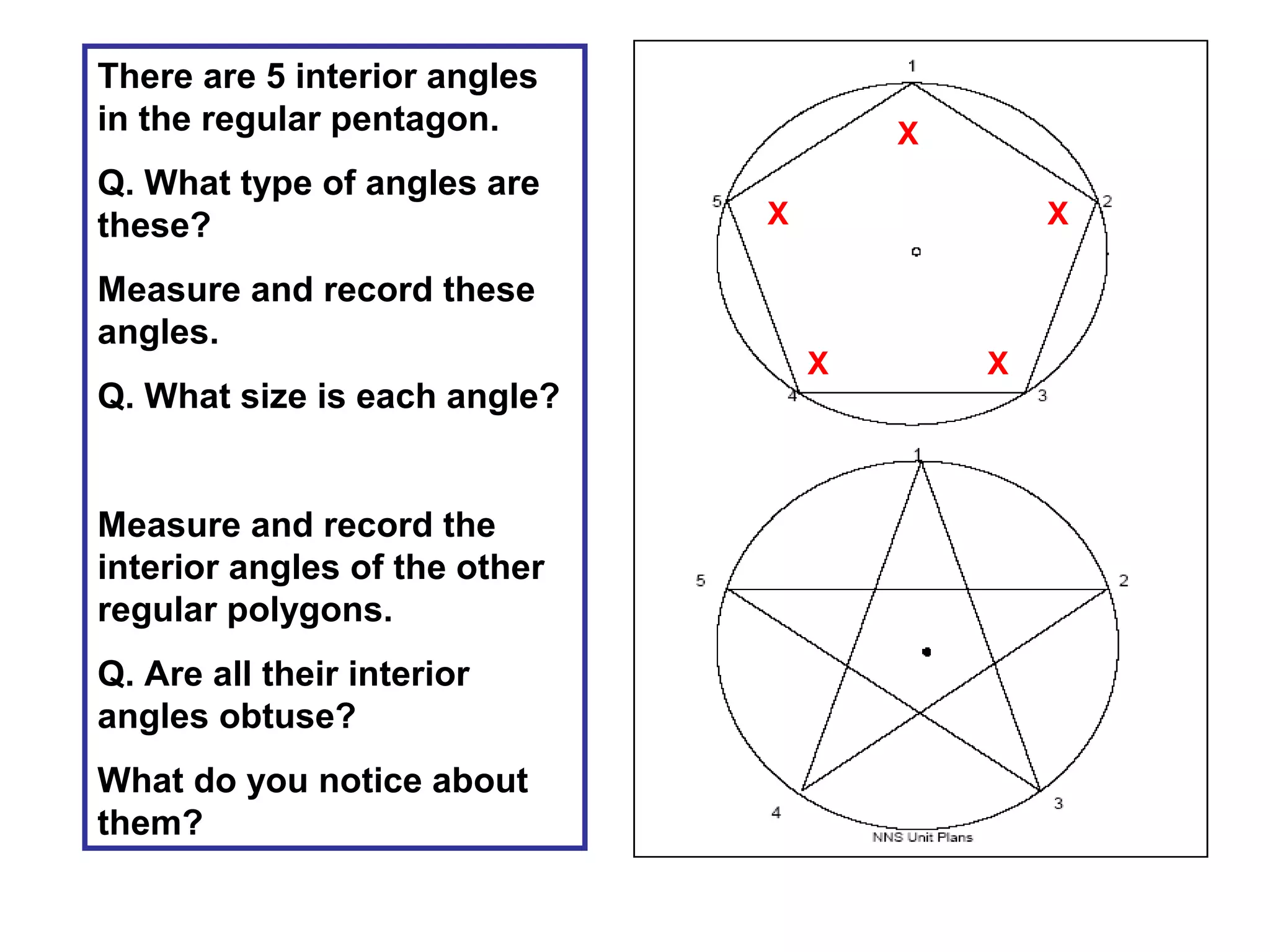 There are 5 interior angles
in the regular pentagon.
Q. What type of angles are
these?
Measure and record these
angles.
Q. What size is each angle?
Measure and record the
interior angles of the other
regular polygons.
Q. Are all their interior
angles obtuse?
What do you notice about
them?
X
X
X
X
X
 