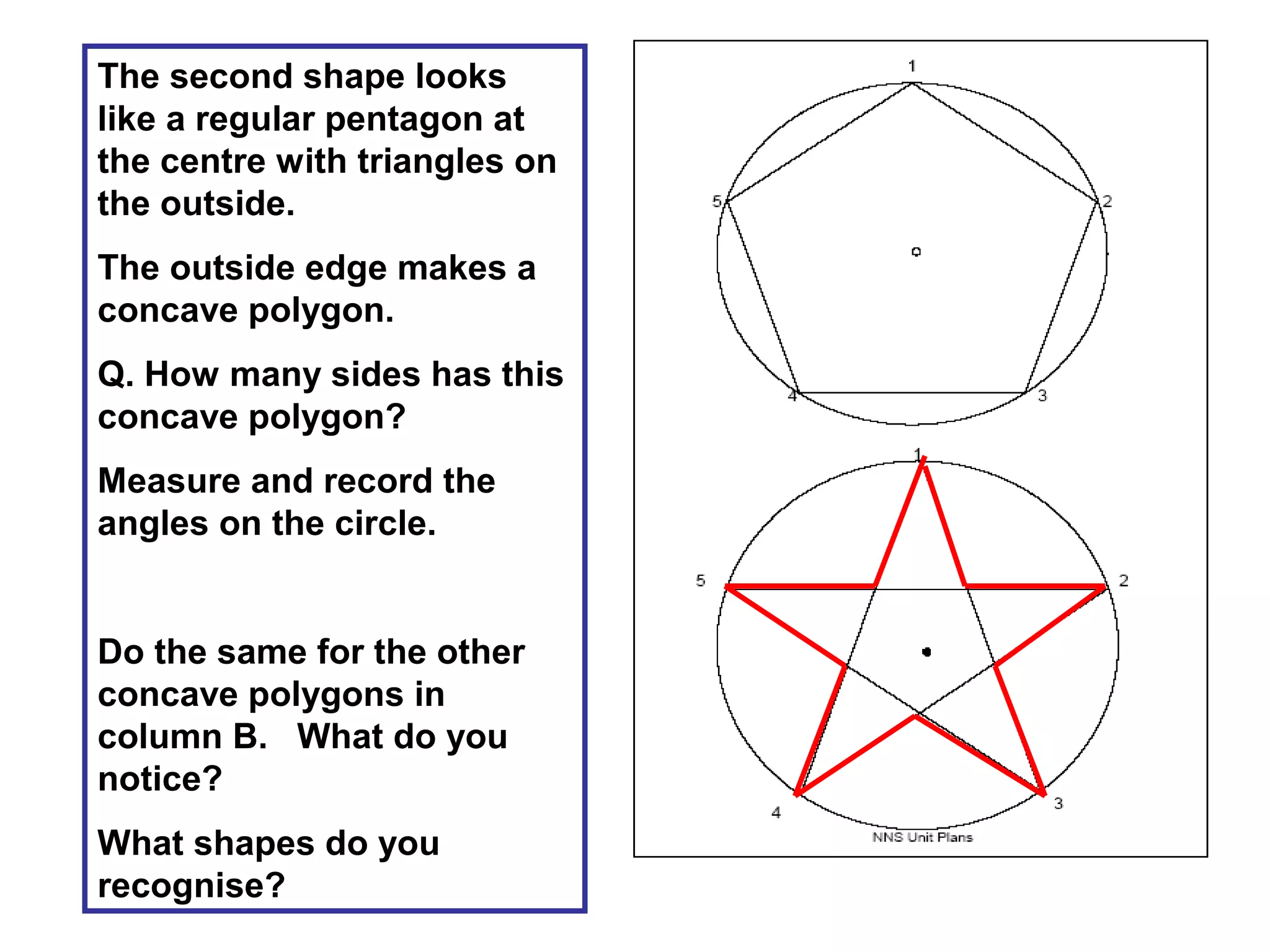The second shape looks
like a regular pentagon at
the centre with triangles on
the outside.
The outside edge makes a
concave polygon.
Q. How many sides has this
concave polygon?
Measure and record the
angles on the circle.
Do the same for the other
concave polygons in
column B. What do you
notice?
What shapes do you
recognise?
 