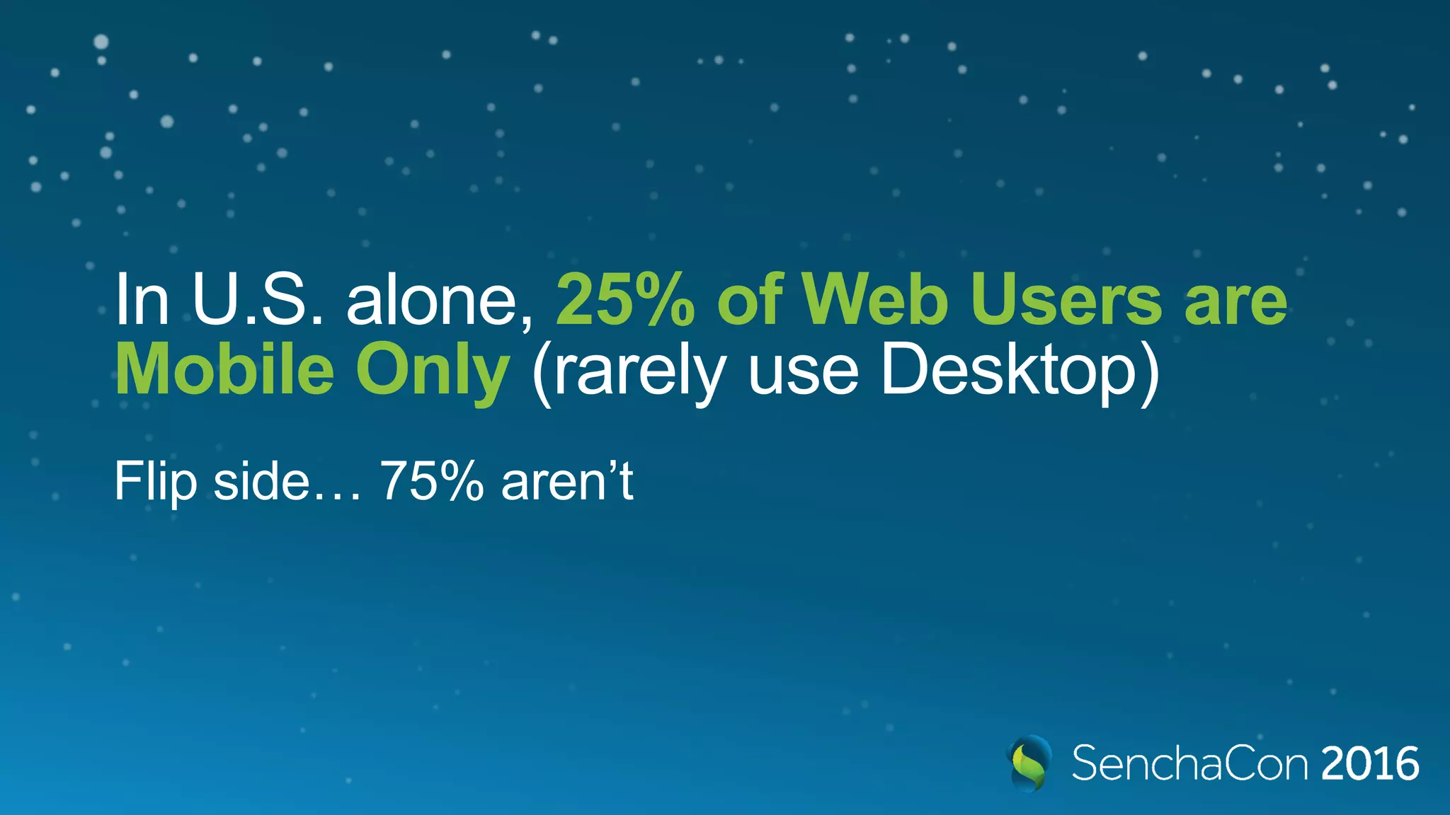 In U.S. alone, 25% of Web Users are
Mobile Only (rarely use Desktop)
Flip side… 75% aren’t
 