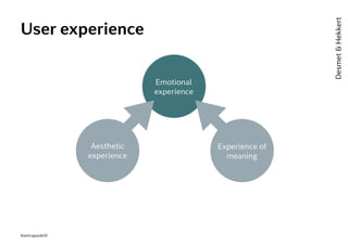 User experience
Emotional
experience
Aesthetic
experience
Experience of
meaning
Desmet&Hekkert
Kontrapunkt©
 