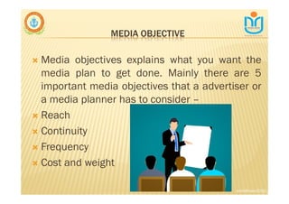 MEDIA OBJECTIVE
∇ Media objectives explains what you want the
media plan to get done. Mainly there are 5
important media objectives that a advertiser or
a media planner has to consider –
∇ Reach
∇ Continuity
∇ Frequency
∇ Cost and weight
snkb@nasc2020
 