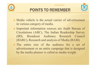 POINTS TO REMEMBER
∇ Media vehicle is the actual carrier of advertisement
in various category of media.
∇ Important information sources are Audit Bureau of
Circulations (ABC), The Indian Readership Survey
(IRS, Broadcast Audience Research Council
(BARC), Research and analysis of Media (RAM).
∇ The entire size of the audience for a set of
advertisement or an entire campaign that is designed
by the media planner is called as media weight
snkb@nasc2020
 