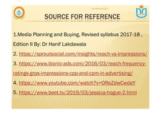 SOURCE FOR REFERENCE
snkb@nasc2020
1.Media Planning and Buying, Revised syllabus 2017-18 ,
Edition II By: Dr Hanif Lakdawala
2. https://sproutsocial.com/insights/reach-vs-impressions/
3. https://www.bionic-ads.com/2016/03/reach-frequency-
ratings-grps-impressions-cpp-and-cpm-in-advertising/
4. https://www.youtube.com/watch?v=OReZdwCwdaY
5. https://www.beet.tv/2019/03/jessica-hogue-2.html
 