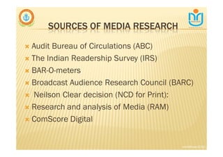 SOURCES OF MEDIA RESEARCH
∇ Audit Bureau of Circulations (ABC)
∇ The Indian Readership Survey (IRS)
∇ BAR-O-meters
∇ Broadcast Audience Research Council (BARC)
∇ Neilson Clear decision (NCD for Print):
∇ Research and analysis of Media (RAM)
∇ ComScore Digital
snkb@nasc2020
 