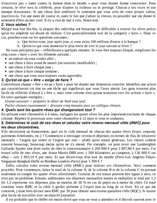 n'inscrivez	 pas	 «	 lutter	 contre	 la	 famine	 dans	 le	 monde	 »	 pour	 vous	 donner	 bonne	 conscience.	 Pour
certains,	le	rêve	sera	la	célébrité,	pour	d'autres	la	richesse	ou	le	prestige.	Chacun	 a	 ses	 vices	 et	 son
manque	 d'assurance.	 Si	 une	 chose	 doit	 améliorer	 le	 sentiment	 que	 vous	 avez	 de	 votre	 propre	 valeur,
inscrivez-la.	J'ai	une	moto	de	course	et,	outre	le	fait	que	j'adore	la	vitesse,	en	posséder	une	me	donne	le
sentiment	d'être	un	mec	cool.	Il	n'y	a	rien	de	mal	à	cela.	Notez	tout.
2.	Vous	séchez	?
Malgré	tout	leur	bla-bla,	la	plupart	des	individus	ont	beaucoup	de	difficultés	à	trouver	les	rêves	précis
qu'on	les	empêche	soi-disant	de	réaliser.	C'est	particulièrement	vrai	de	la	catégorie	«	faire	».	Dans	 ce
cas,	penchez-vous	sur	les	questions	suivantes	:
a.	 Que	feriez-vous,	jour	après	jour,	si	vous	aviez	100	millions	d'euros	à	la	banque	?
b.	 Qu'est-ce	qui	vous	donnerait	le	plus	envie	de	voir	le	jour	suivant	se	lever	?
Ne	vous	précipitez	pas	–	réfléchissez-y	quelques	minutes.	Si	vous	êtes	toujours	bloqué,	remplissez	les
cinq	cases	«	faire	»	avec	les	éléments	suivants	:
un	endroit	où	vous	voulez	aller	;
une	chose	à	faire	avant	de	mourir	(un	souvenir	inoubliable)	;
une	chose	à	faire	chaque	jour	;
une	chose	à	faire	chaque	semaine	;
une	chose	que	vous	avez	toujours	voulu	apprendre.
3.	Qu'est-ce	que	«	être	»	exige	de	faire	?
Convertissez	chaque	«	être	»	en	un	«	faire	»	pour	lui	donner	une	dimension	concrète.	Identifiez	une	action
qui	caractériserait	cet	état	ou	une	tâche	qui	signifierait	que	vous	l'avez	atteint.	Les	 gens	 trouvent	 plus
facile	de	réfléchir	d'abord	à	«	être	»,	mais	cette	colonne	n'est	qu'une	transition	vers	les	actions	«	faire	».
En	voici	quelques	exemples	:
Grand	cuisinier	>	préparer	le	dîner	de	Noël	tout	seul.
Parler	chinois	couramment	>	discuter	cinq	minutes	avec	un	collègue	chinois.
4.	Quels	sont	les	quatre	rêves	qui	changeraient	tout	?
En	utilisant	votre	chronorêve	à	6	mois,	surlignez	les	quatre	rêves	les	plus	importants/excitants	de	chaque
colonne.	Répétez	le	processus	avec	votre	chronorêve	à	12	mois	si	vous	le	souhaitez.
5.	Déterminez	le	coût	de	ces	rêves	et	calculez	votre	revenu	mensuel	cible	(RMC)	pour
les	deux	chronorêves.
S'ils	nécessitent	un	financement,	quel	est	le	coût	mensuel	de	chacun	des	quatre	rêves	(loyer,	emprunt,
paiements	échelonnés,	etc.)	?	Commencez	à	envisager	revenu	et	dépenses	en	termes	de	flux	de	trésorerie
mensuels	 –	 l'argent	 qui	 rentre	 et	 l'argent	 qui	 sort	 –	 plutôt	 qu'en	 totaux	 généraux.	 Les	 choses	 coûtent
souvent	 beaucoup,	 beaucoup	 moins	 qu'on	 ne	 s'y	 attend.	 Par	 exemple,	 on	 peut	 avoir	 une	 Lamborghini
Gallardo	Spyder	tout	droit	sortie	de	chez	le	concessionnaire	à	260	000	€	pour	2	897,80	€	par	mois.	J'ai
trouvé	celle	de	mes	rêves,	une	Aston	Martin	DB9	avec	1	500	kilomètres	au	compteur,	à	136	000	€	sur
eBay	 –	 soit	 2	 003,10	 €	 par	 mois.	 Et	 que	 diriez-vous	 d'un	 tour	 du	 monde	 (Paris-Los	 Angeles-Tokyo-
Singapour-Bangkok-Delhi	ou	Bombay-Londres-Paris)	pour	1	399	€	?
Enfin,	 calculez	 votre	 revenu	 mensuel	 cible	 (RMC)	 pour	 réaliser	 ces	 chronorêves.	 Voici	 comment
procéder.	Pour	commencer,	faites	le	total	de	la	colonne	A,	de	la	colonne	B	et	de	la	colonne	C	en	prenant
seulement	en	compte	les	quatre	rêves	sélectionnés.	Certains	de	ces	totaux	peuvent	être	égaux	à	zéro,	ce
n'est	pas	un	problème.	Ensuite,	additionnez	vos	dépenses	mensuelles	totales	et	multipliez	le	total	par	1,3
(le	1,3	représente	vos	dépenses	plus	un	matelas	de	30	%	en	cas	de	pépin	ou	à	mettre	de	côté).	Ce	total
constitue	 votre	 RMC	 et	 la	 cible	 à	 garder	 présente	 à	 l'esprit	 tout	 au	 long	 de	 ce	 livre.	 En	 ce	 qui	 me
concerne,	j'aime	bien	diviser	mon	RMC	par	30	pour	obtenir	mon	revenu	quotidien	cible	(RQC).	Je	trouve
plus	facile	de	travailler	avec	un	objectif	journalier.
Il	est	probable	que	le	chiffre	est	moins	élevé	que	vous	ne	vous	y	attendiez	et	il	décroît	souvent	avec	le
 