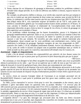 1	×	par	semaine	: 10	heures	=	200	€
1	×	tous	les	15	jours	: 20	heures	=	400	€
1	×	par	mois	: 40	heures	=	800	€
3.	 Testez	chacune	de	ces	fréquences	de	groupage	et	déterminez	combien	les	problèmes	coûtent	à
résoudre	dans	chaque	période.	Si	ce	coût	est	inférieur	aux	chiffres	ci-dessus,	espacez	encore	les
groupages.
Par	exemple,	en	utilisant	les	chiffres	ci-dessus,	si	je	vérifie	mes	courriels	une	fois	par	semaine	et
que	cela	se	traduit	par	une	perte	moyenne	de	deux	ventes	par	semaine,	pour	un	total	de	80	€	de
pertes,	je	continuerai	à	vérifier	mon	courrier	une	fois	par	semaine	parce	que	200	€	(10	heures	de
mon	 temps)	 moins	 80	 €,	 cela	 représente	 toujours	 un	 bénéfice	 net	 de	 120	 €,	 sans	 parler	 des
bénéfices	considérables	générés	par	l'accomplissement	d'autres	tâches	pendant	ces	10	heures.	Si
vous	 calculez	 le	 bénéfice	 financier	 et	 émotionnel	 de	 l'accomplissement	 d'une	 seule	 tâche
importante	(décrocher	un	gros	client	ou	faire	le	voyage	de	vos	rêves),	la	valeur	du	groupage	est
bien	supérieure	aux	économies	à	l'heure.
Si	 les	 problèmes	 coûtent	 davantage	 que	 les	 heures	 économisées,	 passez	 à	 la	 fréquence	 de
groupage	immédiatement	supérieure.	Dans	ce	cas,	je	passerais	d'une	fois	par	semaine	à	deux	fois
par	 semaine	 (pas	 tous	 les	 jours)	 et	 j'essaierais	 de	 mettre	 le	 système	 en	 ordre	 pour	 pouvoir
repasser	 à	 une	 fois	 par	 semaine.	 Ne	 travaillez	 pas	 plus	 quand	 la	 solution	 fonctionne	 plus
intelligemment.	 Ayant	 constaté	 que	 les	 vrais	 problèmes	 sont	 extrêmement	 rares,	 j'utilise	 sans
modération	 la	 technique	 du	 groupage.	 Quelques	 exemples	 de	 mes	 lots	 programmés	 en	 2007	 :
courriels	(les	lundis	à	10	h),	téléphone	(totalement	éliminé),	lessive	(un	dimanche	sur	deux	à
22	h),	cartes	de	crédit	et	factures	(la	plupart	sont	en	paiement	automatique	mais	je	vérifie	le
solde	un	lundi	sur	deux	après	les	courriels),	musculation	(30	minutes	tous	les	4	jours),	etc.
Assistanat	:	règles	et	réajustements
L'idée,	c'est	de	donner	réellement	des	responsabilités	aux	salariés,	de	leur	donner	toutes	les
informations	sur	ce	qui	se	passe	pour	qu'ils	puissent	en	faire	beaucoup	plus	que	par	le	passé
–	Bill	GATES
Par	assistanat,	je	veux	désigner	le	fait	d'être	incapable	d'accomplir	une	tâche	sans	avoir	au	préalable
obtenu	la	permission	ou	les	infos	–	que	l'on	ait	un	supérieur	qui	se	mêle	de	tout	ou	que	l'on	suive	soi-
même	de	trop	près	le	travail	de	quelqu'un	d'autre,	deux	choses	qui	consomment	de	votre	temps.
Pour	les	salariés,	l'objectif	est	de	disposer	d'un	accès	total	aux	informations	nécessaires	et	de	la	plus
grande	capacité	de	prise	de	décision	possible.	Pour	le	chef	d'entreprise,	l'objectif	est	de	permettre	aux
salariés	ou	aux	sous-traitants	de	disposer	du	plus	d'informations	possible	et	d'une	réelle	capacité	de	prise
de	décision.
Le	 service	 client	 est	 souvent	 l'exemple	 même	 de	 l'assistanat	 et	 un	 exemple	 personnel	 tiré	 de
BrainQUICKEN	 illustrera	 à	 quel	 point	 le	 problème	 peut	 être	 grave	 mais	 combien,	 aussi,	 il	 peut	 être
facilement	résolu.
En	 2002,	 j'avais	 externalisé	 le	 service	 client	 pour	 le	 suivi	 des	 commandes	 et	 des	 retours,	 mais	 je
continuais	 à	 gérer	 moi-même	 toutes	 les	 questions	 liées	 au	 produit.	 Résultat	 ?	 Je	 recevais	 plus	 de
200	courriels	par	jour,	passant	tout	mon	temps	entre	9	h	et	19	h	à	y	répondre,	et	le	volume	augmentait	à	un
taux	de	plus	de	10	%	par	semaine	!	J'ai	été	contraint	d'annuler	des	publicités	et	de	limiter	les	expéditions,
la	moindre	augmentation	du	service	client	risquant	de	signer	mon	arrêt	de	mort.	Ce	n'était	pas	un	modèle
industrialisable.	Notez	ce	mot	dans	un	coin,	il	va	jouer	un	rôle	important.	Il	n'était	pas	industrialisable
parce	qu'il	y	avait	un	goulot	d'étranglement	d'information	et	de	décision	:	moi.
L'argument	 décisif	 ?	 Le	 gros	 des	 messages	 qui	 arrivaient	 dans	 ma	 boîte	 aux	 lettres	 n'avaient
strictement	rien	à	voir	avec	le	produit,	mais	émanaient	des	conseillers	de	clientèle	sous-traitants	qui	me
demandaient	la	permission	de	faire	telle	ou	telle	chose	:
 
