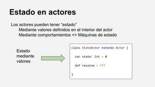 Estado en actores
Los actores pueden tener “estado”
Mediante valores definidos en el interior del actor
Mediante comportamientos => Máquinas de estado
class StateActor extends Actor {
var state: Int = 0
def receive = ???
}
Estado
mediante
valores
 