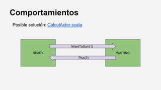 Comportamientos
Posible solución: CalculActor.scala
READY WAITING
IWantToSum(1)
Plus(3)
 