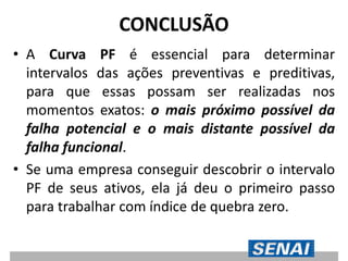 CONCLUSÃO
• A Curva PF é essencial para determinar
intervalos das ações preventivas e preditivas,
para que essas possam ser realizadas nos
momentos exatos: o mais próximo possível da
falha potencial e o mais distante possível da
falha funcional.
• Se uma empresa conseguir descobrir o intervalo
PF de seus ativos, ela já deu o primeiro passo
para trabalhar com índice de quebra zero.
 