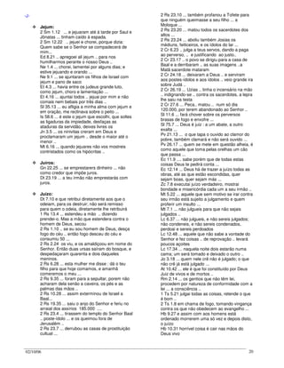 02/10/06 20
-J-
Jejum:
2 Sm 1.12 ... e jejuaram até à tarde por Saul e
Jônatas ... tinham caído à espada.
2 Sm 12.22 .. jejuei e chorei, porque dizia:
Quem sabe se o Senhor se compadecerá de
mim...
Ed 8.21 .. apregoei ali jejum .. para nos
humilharmos perante o nosso Deus ..
Ne 1.4 ... chorei, lamentei por alguns dias; e
estive jejuando e orando ...
Ne 9.1 ... se ajuntaram os filhos de Israel com
jejum e pano de saco
Et 4.3 ... havia entre os judeus grande luto,
como jejum, choro e lamentação ...
Et 4.16 ... ajuntai todos .. jejuai por mim e não
comais nem bebais por três dias ..
Sl 35.13 ... eu afligia a minha alma com jejum e
em oração, me reclinava sobre o peito ...
Is 58.6 ... é este o jejum que escolhi, que soltes
as ligaduras da impiedade, desfaças as
ataduras da servidão, deixes livres os
Jn 3.5 ... os ninivitas creram em Deus e
proclamaram um jejum .. desde o maior até o
menor ..
Mt 6.16 ... quando jejuares não vos mostreis
contristados como os hipócritas ..
Juíros:
Gn 22.25 ... se emprestarers dinheiro ... não
como credor que impõe juros.
Dt 23.19 ... a teu irmão não emprestarás com
juros.
Juízo:
Dt 7.10 e que retribui diretamente aos que o
odeiam, para os destruir; não será remisso
para quem o odeia, diretamente lhe retribuirá
1 Rs 13.4 ... estendeu a mão .. dizendo
prendei-o. Mas a mão que estendera contra o
homem de Deus, secou
2 Rs 1.10 .. se eu sou homem de Deus, desça
fogo do céu .. então fogo desceu do céu e
consumiu 50 ...
2 Rs 2.24 os viu, e os amaldiçoou em nome do
Senhor. Então duas ursas saíram do bosque, e
despedaçaram quarenta e dois daqueles
meninos.
2 Rs 6.28 ... esta mulher me disse : dá o teu
filho para que hoje comamos, e amanhã
comeremos o meu ...
2 Rs 9.35 ... foram para a sepultar, porem não
acharam dela senão a caveira, os pés e as
palmas das mãos ..
2 Rs 10.28 ... assim exterminou de Israel a
Baal...
2 Rs 19.35 ... saiu o anjo do Senhor e feriu no
arraial dos assírios 185.000 ....
2 Rs 23.4 ... tirassem do templo do Senhor Baal
.. poste-ídolo ... e os queimou fora de
Jerusalém ..
2 Rs 23.7 ... derrubou as casas de prostituição
cultual ...
2 Rs 23.10 ... também profanou a Tofete para
que ninguém queimasse a seu filho ... a
Moloque ...
2 Rs 23.20 ... matou todos os sacerdotes dos
altos ...
2 Rs 23.24 ... aboliu também Josias os
médiuns, feiticeiros, e os ídolos do lar ...
2 Cr 6.23 .. julga a teus servos, dando a paga
ao perverso, .. e justificando ao justo..
2 Cr 23.17 .. o povo se dirigiu para a casa de
Baal e a derribaram .. as suas imagens ..a
Matã sacerdote mataram
2 Cr 24.18 ... deixaram a Deus .. e serviram
aos postes-ídolos e aos ídolos .. veio grande ira
sobre Judá ..
2 Cr 26.19 ... Uzias .. tinha o incensário na mão
.. indignando-se .. contra os sacerdotes, a lepra
lhe saiu na testa
2 Cr 27.6 ... Peca.. matou .. num só dia
120.000, por terem abandonado ao Senhor ..
Sl 11.6 ... fará chover sobre os perversos
brasas de fogo e enxofre ...
Sl 75.7 ... Deus é juiz : a um abate, a outro
exalta ...
Pv 21.13 ... o que tapa o ouvido ao clamor do
pobre, também clamará e não será ouvido ...
Pv 26.17 ... quem se mete em questão alheia, é
como aquele que toma pelas orelhas um cão
que passa ...
Ec 11.9 .... sabe porém que de todas estas
coisas Deus te pedirá conta ...
Ec 12.14 ... Deus há de trazer a juízo todas as
obras, até as que estão escondidas, quer
sejam boas, quer sejam más ...
Zc 7.8 executai juízo verdadeiro, mostrai
bondade e misericórdia cada um a seu irmão ..
Mt 5.22 ... aquele que sem motivo se irar contra
seu irmão está sujeito a julgamento e quem
proferir um insulto ...
Mt 7.1 ... não julgueis para que não sejais
julgados ..
Lc 6.37 ... não julgueis, e não sereis julgados;
não condeneis, e não sereis condenados,
perdoai e sereis perdoados
Lc 12.48 ... aquele que não sabe a vontade do
Senhor e fez coisas .. de reprovação .. levará
poucos açoites
Lc 17.34 ... naquela noite dois estarão numa
cama; um será tomado e deixado o outro ..
Jo 3.18 ... quem nele crê não é julgado; o que
não crê já está julgado ...
At 10.42 ... ele é que foi constituído por Deus
Juiz de vivos e de mortos ..
Rm 2.14 ... os gentios que não têm lei,
procedem por natureza de conformidade com a
lei ... a consciência ..
1 Ts 5.21 julgai todas as coisas, retende o que
é bom ..
2 Ts 1.8 em chama de fogo, tomando vingança
contra os que não obedecem ao evangelho ...
Hb 9.27 e assim com aos homens está
ordenado morrerem uma só vez e depois disto,
o juízo
Hb 10.31 horrível coisa é cair nas mãos do
Deus vivo
 