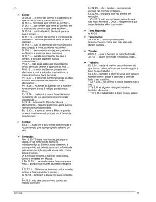 02/10/06 39
-T-
Temor:
Jó 28.28 ... o temor do Senhor é a sabedoria e
apartar-se do mau é o entendimento ...
Sl 15.4 ... honra aos que temem ao Senhor ...
Sl 25.11 ... ao homem que teme ao Senhor, ele
o instruirá no caminho que deve escolher ...
Sl 25.14 ... a intimidade do Senhor é para os
que o temem ...
Sl 111.10 ... o temor do Senhor é o princípio da
sabedoria .. revelam prudência todos os que a
praticam ..
Sl 112.7 ... não se atemoriza de más notícias o
seu coração é firme, confiante no Senhor ..
Sl 128.1 ... bem-aventurado aquele que teme
ao Senhor e anda nos seus caminhos ...
Sl 147.1 ... agrada-se o Senhor dos que o
temem; e dos que esperam na sua
misericórdia....
Pv 3.7 ... não sejas sábio aos teus próprios
olhos, teme ao Senhor e aparta-te do mal ...
Pv 8.13 ... o temor do Senhor consiste em
aborrecer o mal, a soberba, a arrogância, o
mau caminho e a boca perversa
Pv 10.27 ... o temor do Senhor prolonga os dias
da vida, mas os anos do perverso serão
abreviados ...
Pv 14.26 ... no temor do Senhor tem o homem
forte amparo, e isso é refúgio para os seus
filhos ...
Pv 15.16 ... melhor é o pouco havendo temor
do Senhor, do que grande tesouro havendo
inquietação ...
Ec 3.14 ...tudo quanto Deus fez durará
eternamente.. nada lhe pode tirar.. para que os
homens temam diante dele.
Ec 12.13 ... a suma é: teme a Deus, e guarda
os seus mandamentos; porque isto é dever de
todo homem
Tempo:
Ec 3.1 ... tudo tem o seu tempo determinado e
há um tempo para todo propósito debaixo do
céu ...
Tentação:
Nm 15.39 Tê-lo-eis nas franjas, para que o
vejais, e vos lembreis de todos os
mandamentos do Senhor, e os observeis; e
para que não vos deixeis arrastar à infidelidade
pelo vosso coração ou pela vossa vista, como
antes o fazíeis;
Dt 6.16 Não tentareis o Senhor vosso Deus,
como o tentastes em Massá.
1 Rs 21.25 ... se vendeu para fazer o que era
mau ... porque sua mulher Jazebel o instigava
...
1 Cr 21.1 ... Satanás se levantou contra Israel e
incitou a Davi a levantar o censo ...
Sl 78.18 ... tentaram a Deus nos seus corações
...
Pv 23.31 não olhe para o vinho quando se
mostra vermelho
Lc 22.29 ... vós .. tendes .. permanecido
comigo nas minhas tentações ..
Lc 22.40 ... orai para que não entreis em
tentação ..
1 Co 10.13 não vos sobreveio tentação que
não fosse humana .. Deus .. não permitirá que
sejais tentados além das vossas
Terra Redonda:
Is 40.22
Testemunho:
2 Cr 24.19 ... enviou profetas para
testemunharem contra eles mas eles não
deram ouvidos ..
Timidez:
Dt 20.8 ...qual o homem de coração tímido...
Jz 7.3 ... quem for tímido e medroso, volte....
Trabalho:
Ec 2.24 ... nada há melhor para o homem do
que comer, beber, e fazer que sua alma goze o
bem do seu trabalho ...
Ec 3.13 ... também é dom de Deus que possa o
homem comer, beber e desfrutar o bem de
todo o seu trabalho ...
1 Co 15.58 ... no Senhor o vosso trabalho não é
vão ...
2 Ts 3.10 se alguém não quer trabalhar,
também não coma ..
1 Tm 5.18 o trabalhador é digno do seu salário
 