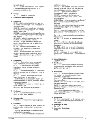 02/10/06 8
jamais terá sede
Jo 6.54 ... quem comer a minha carne e beber
o meu sangue tem a vida eterna, e eu o
ressuscitarei no último dia
Cobiça:
Js 7.21 ...cobicei-os e tomei-os...
Comunhão: veja Congregar.
Confiança:
Sl 40.4 ... bem-aventurado o homem que põe
no Senhor sua confiança, e não pende para os
arrogantes, nem ..
Sl 62.10 .. não confieis naquilo que extorquis ..
se as vossas riquezas prosperam não ponhais
nelas o vosso cora.
Sl 55.22 ... confia os teus caminhos ao Senhor,
e ele te sustentará: jamais permitirá que o justo
seja abalado ..
Sl 119.42 ... saberei responder aos que me
insultam, pois confio na tua palavra ...
Sl 125.1 ... os que confiam no Senhor são
como o Monte Sião, que não se abala, firme
para sempre ...
Pv 3.5 ... confia no Senhor de todo o teu
coração, e não te estribes no teu próprio
entendimento ...
Jr 17.5 ... maldito o homem que confia no
homem .. e aparta o seu coração do Senhor...
Jr 17.7 ... bendito o homem que confia no
Senhor...
Congregar:
Pv 27.17 Como o ferro como ferro se afia
assim é o homem para com seu amigo.
Pv 18.1 ... o solitário busca seu próprio
interesse, e insurge contra a verdadeira
sabedoria ...
Pv 25.17 ... não sejas freqüente na casa do teu
próximo, para que não se enfade de ti e não te
aborreça
Pv 27.17 ... como o ferro com o ferro se afia,
assim é o homem ao seu amigo ...
1 Co 5.11 não vos associeis com alguém que
dizendo-se irmão, for impuro, avarento, idólatra,
maldizente, roubador ..
1 Co 11.23 o Senhor Jesus na noite em que foi
traído, tomou o pão ;
Hb 10.25 Não deixemos de congregar...
Conhecer:
Jó 42.5 ... eu te conhecia só de ouvir, mas
agora os meus olhos te vêem ..
Consagração:
Gn 22.31 ... serme-eis homens consagrados.
Conselho:
Js 9.14 Então os homens de Israel tomaram da
provisão deles, e não pediram conselho ao
Senhor.
1 Rs 12.8 Ele desprezou o conselho que os
anciões lhe tinham dado...
2 Cr 10.6 ... tomou o rei Roboão conselho com
os homens idosos ...
2 Cr 22.3 ... Ele também andou nos caminhos
da casa de Acabe, porque sua mãe era sua
conselheira para proceder impiamente.
2 Cr 22.4 ... porque eles eram seus
conselheiros .. para a sua perdição ..
Sl 16.7 ... bendigo ao Senhor, que me
aconselha; pois até durante a noite o meu
coração ensina ..
Sl 25.12 Qual é o homem que teme ao Senhor?
Este lhe ensinará o caminho que deve
escolher.
Sl 81.12 ... assim deixei-os andar na teimosia
do seu coração: sigam os seus próprios
conselhos ...
Pv 4.10 ... ouve filho meu e aceita as minhas
palavras e se multiplicarão os anos de sua vida
...
Pv 11.14 ... mas na multidão de conselheiros
há sabedoria.
Pv 24.6 ...na multidão de conselheiros está a
vitória.
Pv 11.14 ... não havendo sábia direção cai o
povo, mas na multidão de conselheiros há
segurança ...
Pv 15.22 ... onde não há conselho fracassam
os projetos, mas com os muitos conselheiros
há bom êxito ...
Pv 16.1 .. o coração do homem pode fazer
planos, mas a resposta certa .. vem do Senhor
...
Ciclo Hidrológico:
Jó 36.27; Am 9.6
Contenda:
Pv 17. 14 O princípio da contenda é como o
soltar de águas represadas; deixa por isso a
porfia, antes que haja ri
Conversão:
2 Cr 7.14 .. se o meu povo se humilhar, orar e
me buscar e se converter dos seu maus
caminhos .. eu perdoarei
2 Cr 33.13 .. reconheceu Manassés que o
Senhor era Deus ..
Sl 7.12 .. se o homem não se converter, afiará
Deus a sua espada ..
Ez 33.11 .. não tenho prazer na morte do
perverso, mas que ... se converta do seu mau
caminho e viva ...
1 Ts 1.9 como deixando os ídolos, vos
convertestes a Deus, para servirdes o Deus
vivo e verdadeiro
Contendas:
Pv 17.14 ... como o abrir-se da represa, assim
é o começo da contenda; desiste antes que
haja rixas ...
Correntes de Jato:
Ec 1.6,7 –
Correntes Oceânicas:
Sl 8.8
 