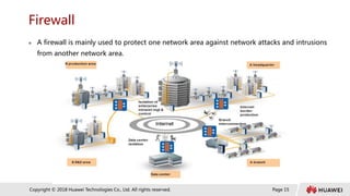 Page 15
Copyright © 2018 Huawei Technologies Co., Ltd. All rights reserved.
Firewall
 A firewall is mainly used to protect one network area against network attacks and intrusions
from another network area.
 