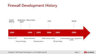 Page 17
Copyright © 2018 Huawei Technologies Co., Ltd. All rights reserved.
Firewall Development History
1989 1994 1995 2004 2005 2009
Access control
Packet
filtering
Application
agent
Status check
UTM NGFW
Dedicated device
Session mechanism Multi-function overlay
DPI technology
Proxy technology
Control based on user + application +
content
 