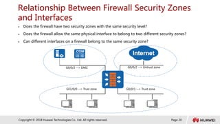 Page 20
Copyright © 2018 Huawei Technologies Co., Ltd. All rights reserved.
Relationship Between Firewall Security Zones
and Interfaces
 Does the firewall have two security zones with the same security level?
 Does the firewall allow the same physical interface to belong to two different security zones?
 Can different interfaces on a firewall belong to the same security zone?
G0/0/2 --> DMZ G0/0/2 --> Untrust zone
GE1/0/0 --> Trust zone G0/0/1 --> Trust zone
 