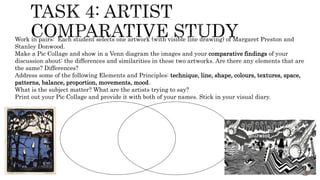 Work in pairs: Each student selects one artwork (with visible line drawing) of Margaret Preston and
Stanley Donwood.
Make a Pic Collage and show in a Venn diagram the images and your comparative findings of your
discussion about: the differences and similarities in these two artworks. Are there any elements that are
the same? Differences?
Address some of the following Elements and Principles: technique, line, shape, colours, textures, space,
patterns, balance, proportion, movements, mood.
What is the subject matter? What are the artists trying to say?
Print out your Pic Collage and provide it with both of your names. Stick in your visual diary.
 