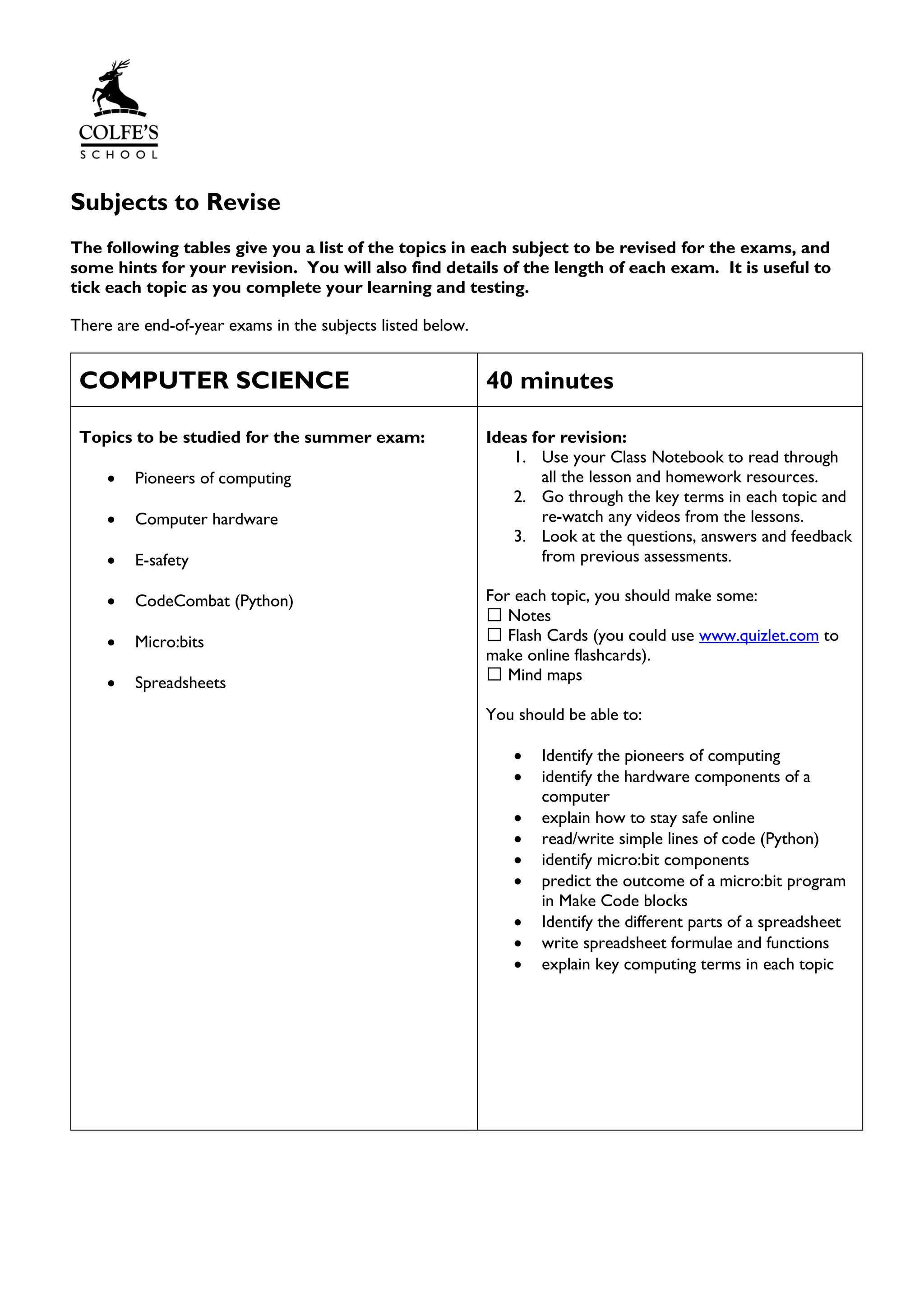 Subjects to Revise
The following tables give you a list of the topics in each subject to be revised for the exams, and
some hints for your revision. You will also find details of the length of each exam. It is useful to
tick each topic as you complete your learning and testing.
There are end-of-year exams in the subjects listed below.
COMPUTER SCIENCE 40 minutes
Topics to be studied for the summer exam:
• Pioneers of computing
• Computer hardware
• E-safety
• CodeCombat (Python)
• Micro:bits
• Spreadsheets
Ideas for revision:
1. Use your Class Notebook to read through
all the lesson and homework resources.
2. Go through the key terms in each topic and
re-watch any videos from the lessons.
3. Look at the questions, answers and feedback
from previous assessments.
For each topic, you should make some:
Notes
Flash Cards (you could use www.quizlet.com to
make online flashcards).
Mind maps
You should be able to:
• Identify the pioneers of computing
• identify the hardware components of a
computer
• explain how to stay safe online
• read/write simple lines of code (Python)
• identify micro:bit components
• predict the outcome of a micro:bit program
in Make Code blocks
• Identify the different parts of a spreadsheet
• write spreadsheet formulae and functions
• explain key computing terms in each topic
 
