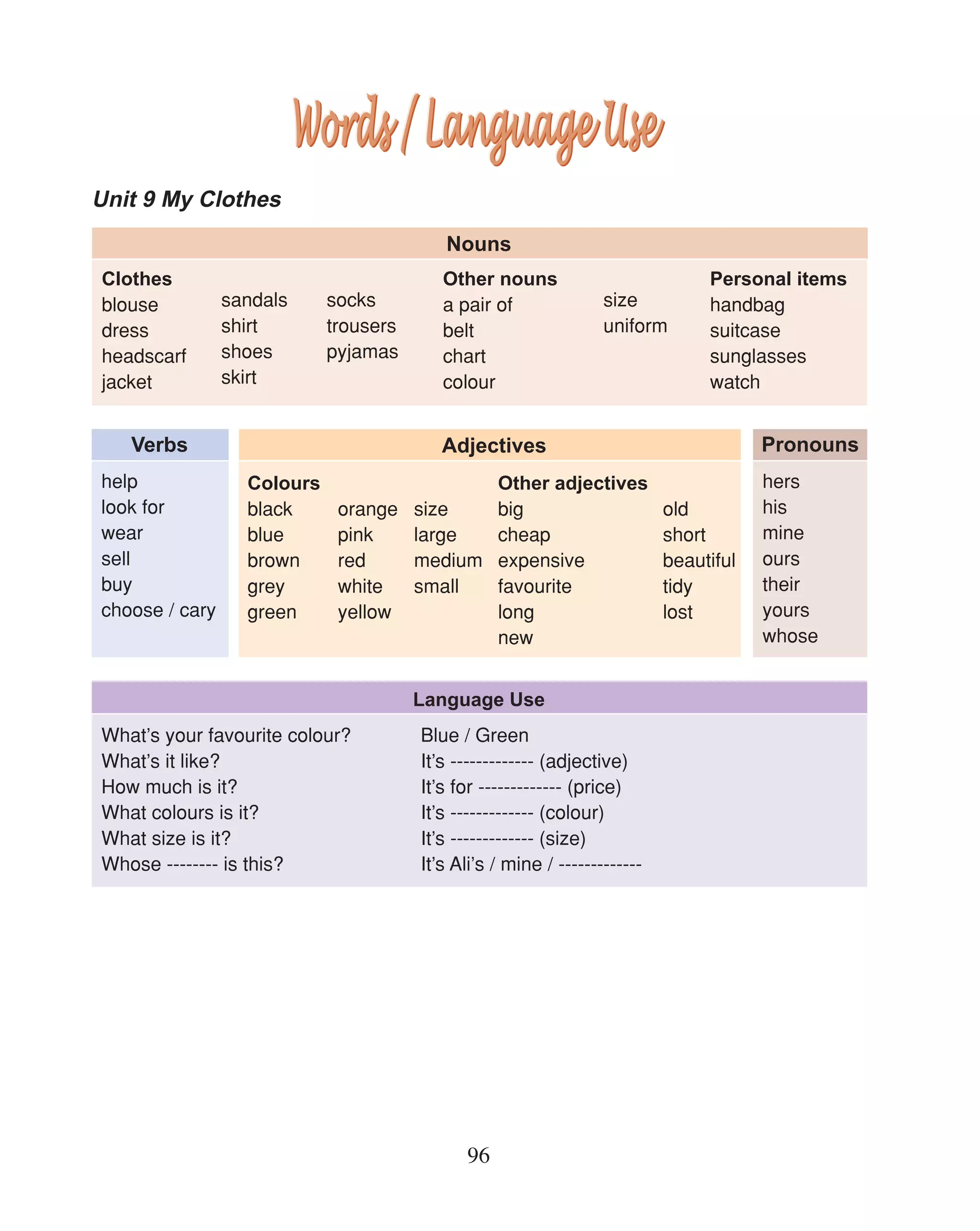 Unit 9 My Clothes
                                          Nouns
Clothes                                   Other nouns                           Personal items
blouse          sandals     socks         a pair of               size          handbag
dress           shirt       trousers      belt                    uniform       suitcase
headscarf       shoes       pyjamas       chart                                 sunglasses
jacket          skirt                     colour                                watch


   Verbs                                  Adjectives                                   Pronouns
help              Colours                  Other adjectives                            hers
look for          black      orange size   big                             old         his
wear              blue       pink   large  cheap                           short       mine
sell              brown      red    medium expensive                       beautiful   ours
buy               grey       white  small  favourite                       tidy        their
choose / cary     green      yellow        long                            lost        yours
                                           new                                         whose


                                       Language Use
What’s your favourite colour?          Blue / Green
What’s it like?                        It’s ------------- (adjective)
How much is it?                        It’s for ------------- (price)
What colours is it?                    It’s ------------- (colour)
What size is it?                       It’s ------------- (size)
Whose -------- is this?                It’s Ali’s / mine / -------------




                                             96
 