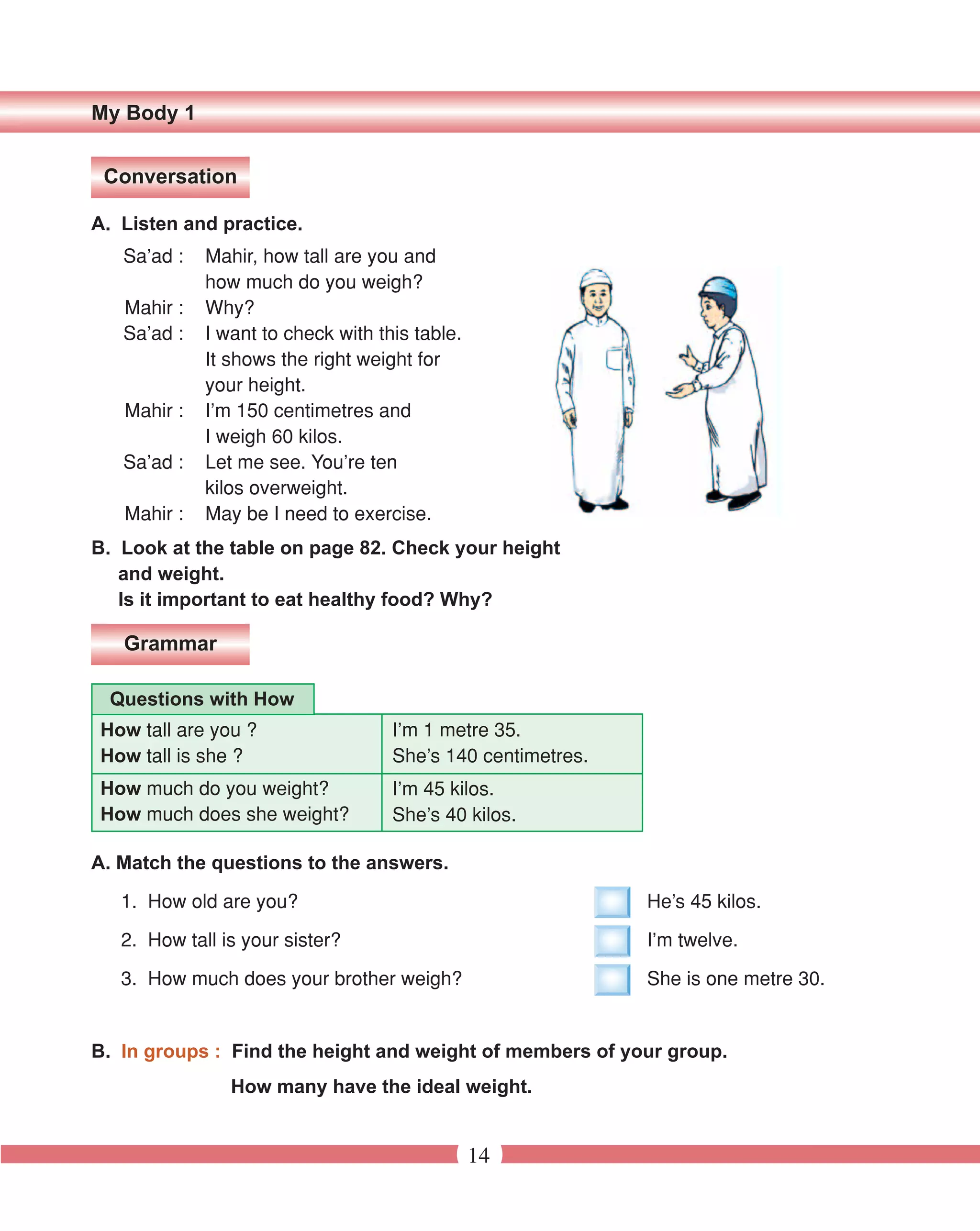 My Body 1


 Conversation

A. Listen and practice.
   Sa’ad :   Mahir, how tall are you and
             how much do you weigh?
   Mahir :   Why?
   Sa’ad :   I want to check with this table.
             It shows the right weight for
             your height.
   Mahir :   I’m 150 centimetres and
             I weigh 60 kilos.
   Sa’ad :   Let me see. You’re ten
             kilos overweight.
   Mahir :   May be I need to exercise.
B. Look at the table on page 82. Check your height
   and weight.
   Is it important to eat healthy food? Why?

   Grammar

  Questions with How
How tall are you ?                  I’m 1 metre 35.
How tall is she ?                   She’s 140 centimetres.
How much do you weight?             I’m 45 kilos.
How much does she weight?           She’s 40 kilos.

A. Match the questions to the answers.

   1. How old are you?                                       He’s 45 kilos.

   2. How tall is your sister?                               I’m twelve.

   3. How much does your brother weigh?                      She is one metre 30.


B. In groups : Find the height and weight of members of your group.
                How many have the ideal weight.


                                                14
 