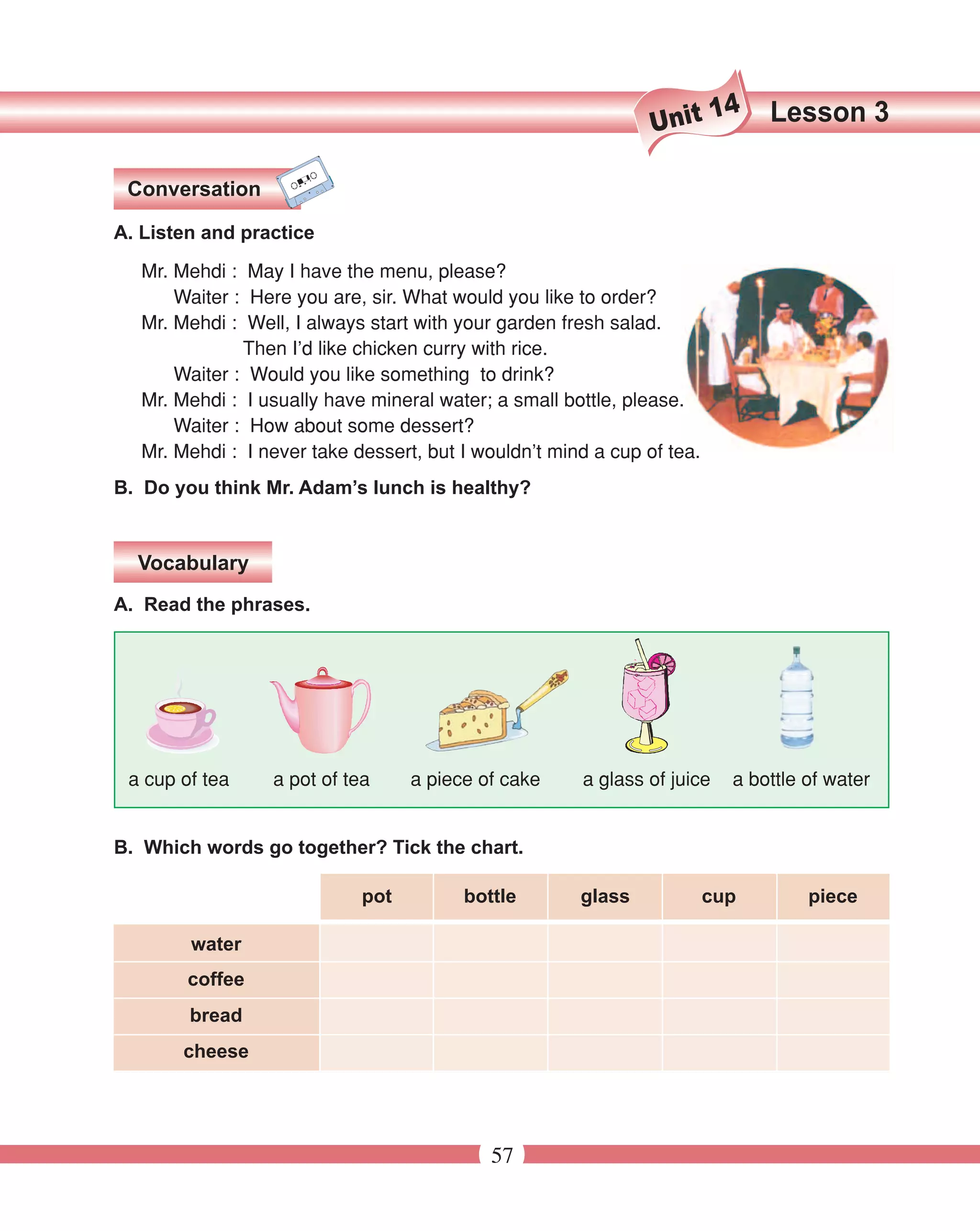 14   Lesson 3
                                                                Unit

 Conversation

A. Listen and practice

   Mr. Mehdi : May I have the menu, please?
       Waiter : Here you are, sir. What would you like to order?
   Mr. Mehdi : Well, I always start with your garden fresh salad.
               Then I’d like chicken curry with rice.
       Waiter : Would you like something to drink?
   Mr. Mehdi : I usually have mineral water; a small bottle, please.
       Waiter : How about some dessert?
   Mr. Mehdi : I never take dessert, but I wouldn’t mind a cup of tea.
B. Do you think Mr. Adam’s lunch is healthy?


  Vocabulary
A. Read the phrases.




 a cup of tea     a pot of tea     a piece of cake     a glass of juice    a bottle of water


B. Which words go together? Tick the chart.

                             pot         bottle        glass             cup        piece

        water
        coffee
        bread
        cheese




                                            57
 