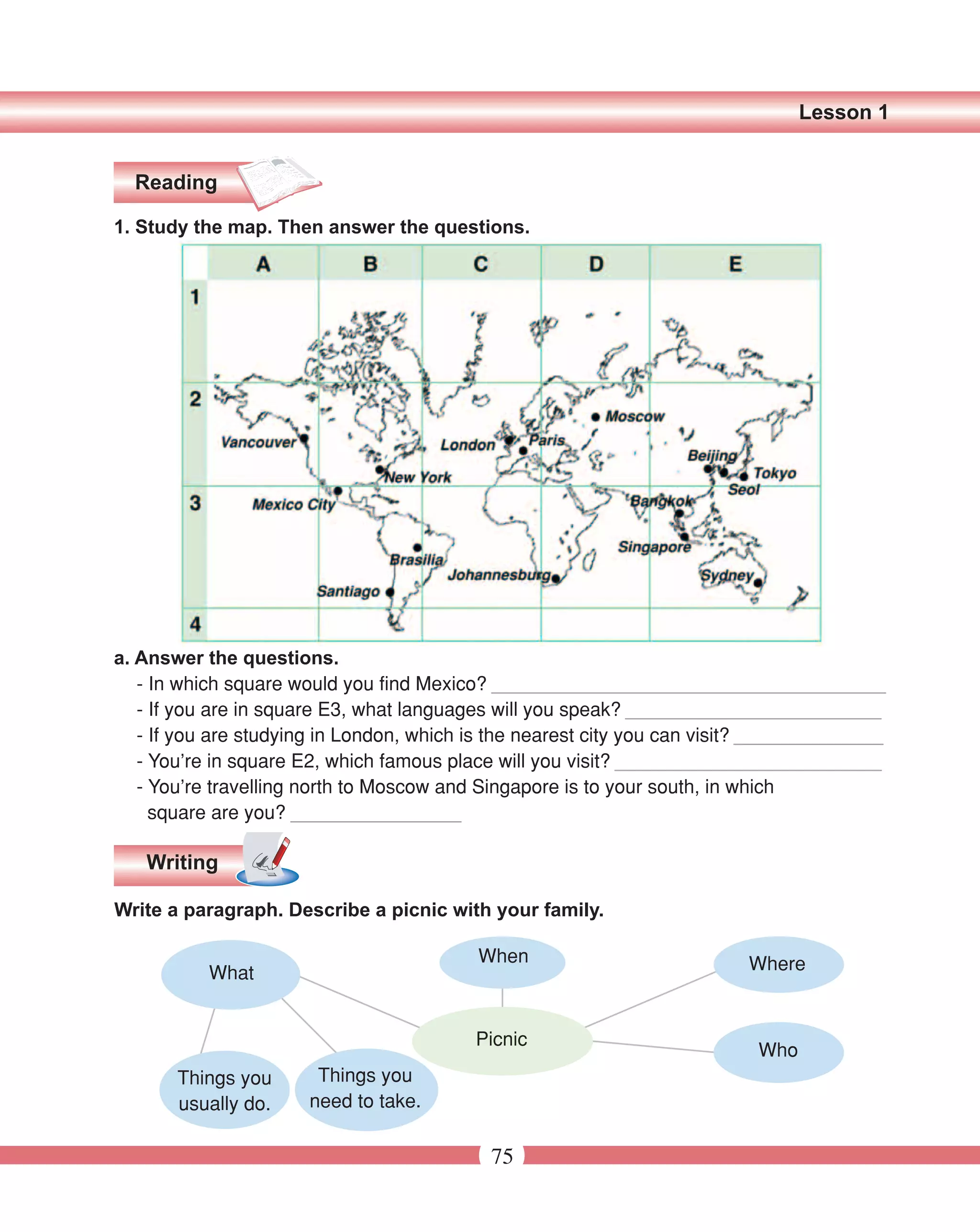 Lesson 1


  Reading

1. Study the map. Then answer the questions.




a. Answer the questions.
   - In which square would you find Mexico? _____________________________________
   - If you are in square E3, what languages will you speak? ________________________
   - If you are studying in London, which is the nearest city you can visit? ______________
   - You’re in square E2, which famous place will you visit? _________________________
   - You’re travelling north to Moscow and Singapore is to your south, in which
     square are you? ________________

   Writing

Write a paragraph. Describe a picnic with your family.

                                          When                            Where
           What


                                          Picnic
                                                                            Who
       Things you       Things you
       usually do.     need to take.

                                            75
 