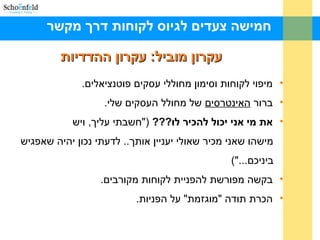 ‫מקשר‬ ‫דרך‬ ‫לקוחות‬ ‫לגיוס‬ ‫צעדים‬ ‫חמישה‬
‫ההדדיות‬ ‫עקרון‬ :‫מוביל‬ ‫עקרון‬‫ההדדיות‬ ‫עקרון‬ :‫מוביל‬ ‫עקרון‬
•.‫פוטנציאלים‬ ‫עסקים‬ ‫מחוללי‬ ‫וסימון‬ ‫לקוחות‬ ‫מיפוי‬
•‫ברור‬‫האינטרסים‬.‫שלי‬ ‫העסקים‬ ‫מחולל‬ ‫של‬
•???‫לו‬ ‫להכיר‬ ‫יכול‬ ‫אני‬ ‫מי‬ ‫את‬‫ויש‬ ,‫עליך‬ ‫)"חשבתי‬
‫שאפגיש‬ ‫יהיה‬ ‫נכון‬ ‫לדעתי‬ ..‫אותך‬ ‫יעניין‬ ‫שאולי‬ ‫מכיר‬ ‫שאני‬ ‫מישהו‬
("...‫ביניכם‬
•.‫מקורבים‬ ‫לקוחות‬ ‫להפניית‬ ‫מפורשת‬ ‫בקשה‬
•.‫הפניות‬ ‫על‬ "‫"מוגזמת‬ ‫תודה‬ ‫הכרת‬
 