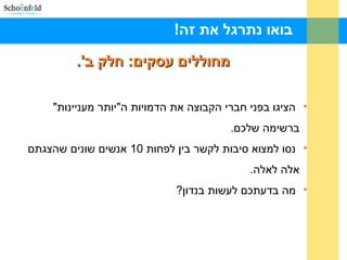 !‫זה‬ ‫את‬ ‫נתרגל‬ ‫בואו‬
.'‫ב‬ ‫חלק‬ :‫עסקים‬ ‫מחוללים‬.'‫ב‬ ‫חלק‬ :‫עסקים‬ ‫מחוללים‬
•"‫מעניינות‬ ‫ה"יותר‬ ‫הדמויות‬ ‫את‬ ‫הקבוצה‬ ‫חברי‬ ‫בפני‬ ‫הציגו‬
.‫שלכם‬ ‫ברשימה‬
•‫לפחות‬ ‫בין‬ ‫לקשר‬ ‫סיבות‬ ‫למצוא‬ ‫נסו‬10‫שהצגתם‬ ‫שונים‬ ‫אנשים‬
.‫לאלה‬ ‫אלה‬
•?‫בנדון‬ ‫לעשות‬ ‫בדעתכם‬ ‫מה‬
 