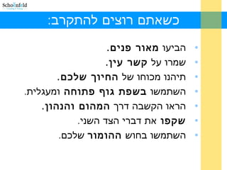 :‫להתקרב‬ ‫רוצים‬ ‫כשאתם‬
•‫הביעו‬.‫פנים‬ ‫מאור‬
•‫על‬ ‫שמרו‬.‫עין‬ ‫קשר‬
•‫של‬ ‫מכוחו‬ ‫תיהנו‬.‫שלכם‬ ‫החיוך‬
•‫השתמשו‬‫פתוחה‬ ‫גוף‬ ‫בשפת‬.‫ומעגלית‬
•‫דרך‬ ‫הקשבה‬ ‫הראו‬.‫והנהון‬ ‫המהום‬
•‫שקפו‬.‫השני‬ ‫הצד‬ ‫דברי‬ ‫את‬
•‫בחוש‬ ‫השתמשו‬‫ההומור‬.‫שלכם‬
 