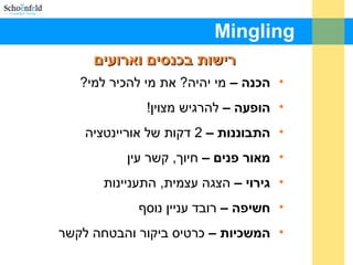 Mingling
‫וארועים‬ ‫בכנסים‬ ‫רישות‬‫וארועים‬ ‫בכנסים‬ ‫רישות‬
•– ‫הכנה‬?‫למי‬ ‫להכיר‬ ‫מי‬ ‫את‬ ?‫יהיה‬ ‫מי‬
•– ‫הופעה‬!‫מצוין‬ ‫להרגיש‬
•– ‫התבוננות‬2‫אוריינטציה‬ ‫של‬ ‫דקות‬
•– ‫פנים‬ ‫מאור‬‫עין‬ ‫קשר‬ ,‫חיוך‬
•– ‫גירוי‬‫התעניינות‬ ,‫עצמית‬ ‫הצגה‬
•– ‫חשיפה‬‫נוסף‬ ‫עניין‬ ‫רובד‬
•– ‫המשכיות‬‫לקשר‬ ‫והבטחה‬ ‫ביקור‬ ‫כרטיס‬
 