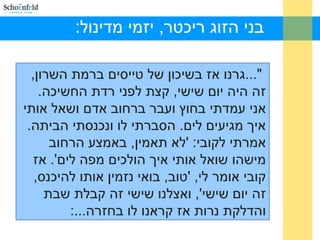 :‫מדינול‬ ‫יזמי‬ ,‫ריכטר‬ ‫הזוג‬ ‫בני‬
,‫השרון‬ ‫ברמת‬ ‫טייסים‬ ‫של‬ ‫בשיכון‬ ‫אז‬ ‫"...גרנו‬
.‫החשיכה‬ ‫רדת‬ ‫לפני‬ ‫קצת‬ ,‫שישי‬ ‫יום‬ ‫היה‬ ‫זה‬
‫אותי‬ ‫ושאל‬ ‫אדם‬ ‫ברחוב‬ ‫ועבר‬ ‫בחוץ‬ ‫עמדתי‬ ‫אני‬
.‫הביתה‬ ‫ונכנסתי‬ ‫לו‬ ‫הסברתי‬ .‫לים‬ ‫מגיעים‬ ‫איך‬
‫הרחוב‬ ‫באמצע‬ ,‫תאמין‬ ‫'לא‬ :‫לקובי‬ ‫אמרתי‬
‫אז‬ .'‫לים‬ ‫מפה‬ ‫הולכים‬ ‫איך‬ ‫אותי‬ ‫שואל‬ ‫מישהו‬
,‫להיכנס‬ ‫אותו‬ ‫נזמין‬ ‫בואי‬ ,‫'טוב‬ ,‫לי‬ ‫אומר‬ ‫קובי‬
‫שבת‬ ‫קבלת‬ ‫זה‬ ‫שישי‬ ‫ואצלנו‬ ,'‫שישי‬ ‫יום‬ ‫זה‬
:...‫בחזרה‬ ‫לו‬ ‫קראנו‬ ‫אז‬ ‫נרות‬ ‫והדלקת‬
 