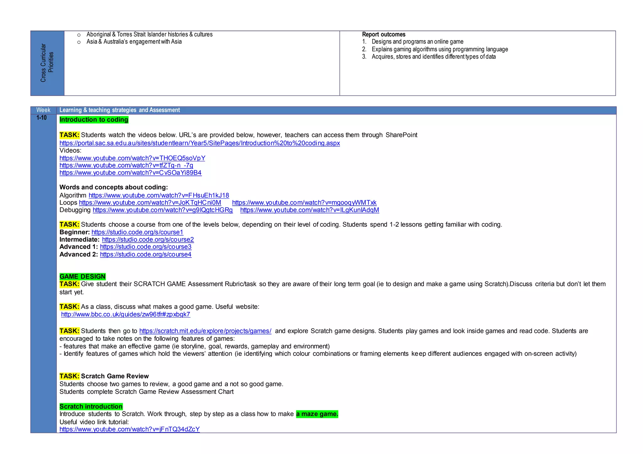 Y7 Game Design Technologies Program | DOCX