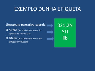 EXEMPLO DUNHA ETIQUETA
Literatura narrativa castelá
O autor (as 3 primeiras letras do
apelido en maiuscula)
O título (as 3 primeiras letras sen
artigos e minúscula)
821.2N
STI
lib
 