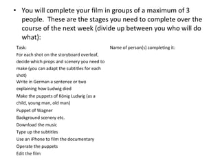 • You will complete your film in groups of a maximum of 3
people. These are the stages you need to complete over the
course of the next week (divide up between you who will do
what):
Task: Name of person(s) completing it:
For each shot on the storyboard overleaf,
decide which props and scenery you need to
make (you can adapt the subtitles for each
shot)
Write in German a sentence or two
explaining how Ludwig died
Make the puppets of König Ludwig (as a
child, young man, old man)
Puppet of Wagner
Background scenery etc.
Download the music
Type up the subtitles
Use an iPhone to film the documentary
Operate the puppets
Edit the film
 