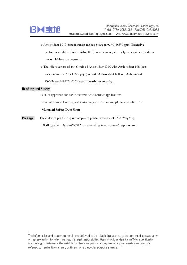 Antioxidant 1010 Irganox 1010 Cas 66 19 8 Tds Baoxu Chemical Additi