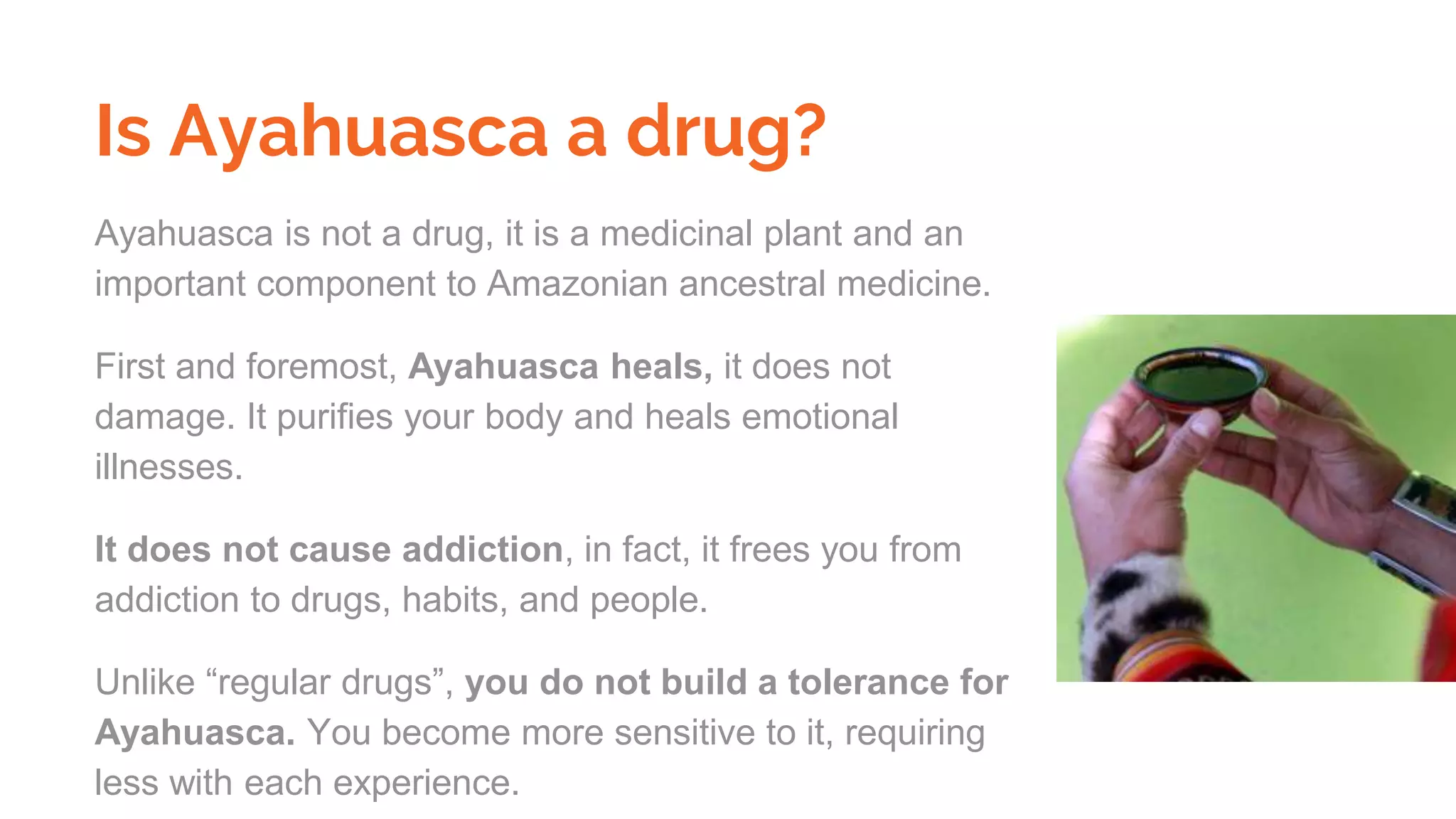 Is Ayahuasca a drug?
Ayahuasca is not a drug, it is a medicinal plant and an
important component to Amazonian ancestral medicine.
First and foremost, Ayahuasca heals, it does not
damage. It purifies your body and heals emotional
illnesses.
It does not cause addiction, in fact, it frees you from
addiction to drugs, habits, and people.
Unlike “regular drugs”, you do not build a tolerance for
Ayahuasca. You become more sensitive to it, requiring
less with each experience.
 