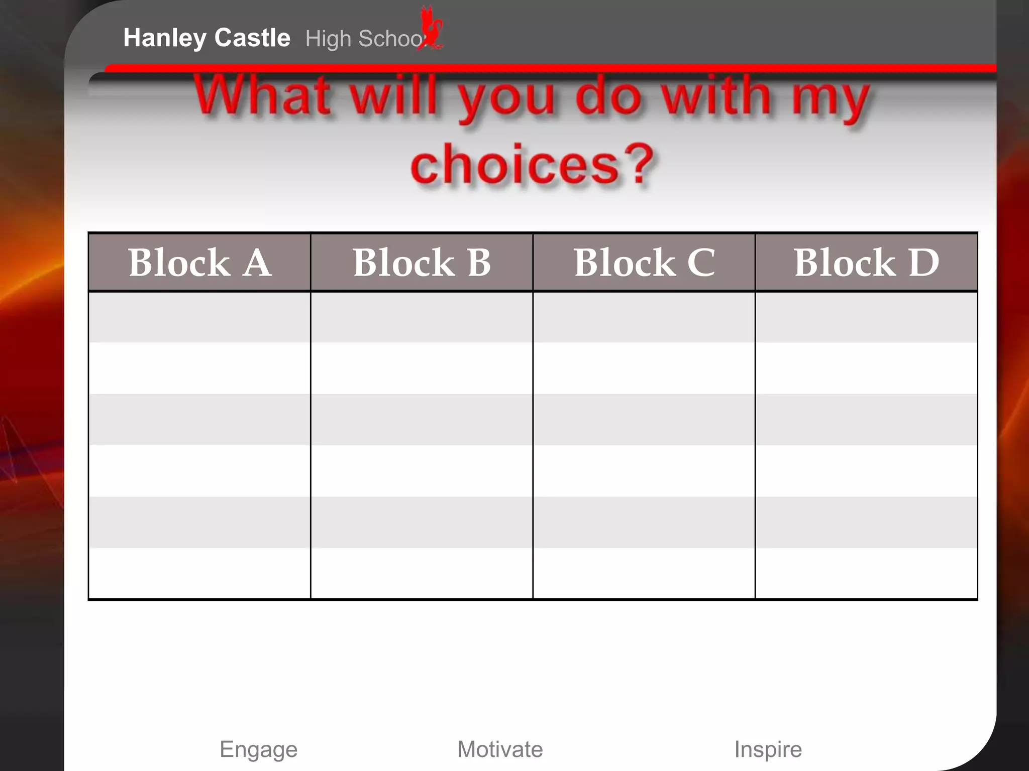 Hanley Castle High School




Block A           Block B              Block C        Block D




       Engage               Motivate             Inspire
 