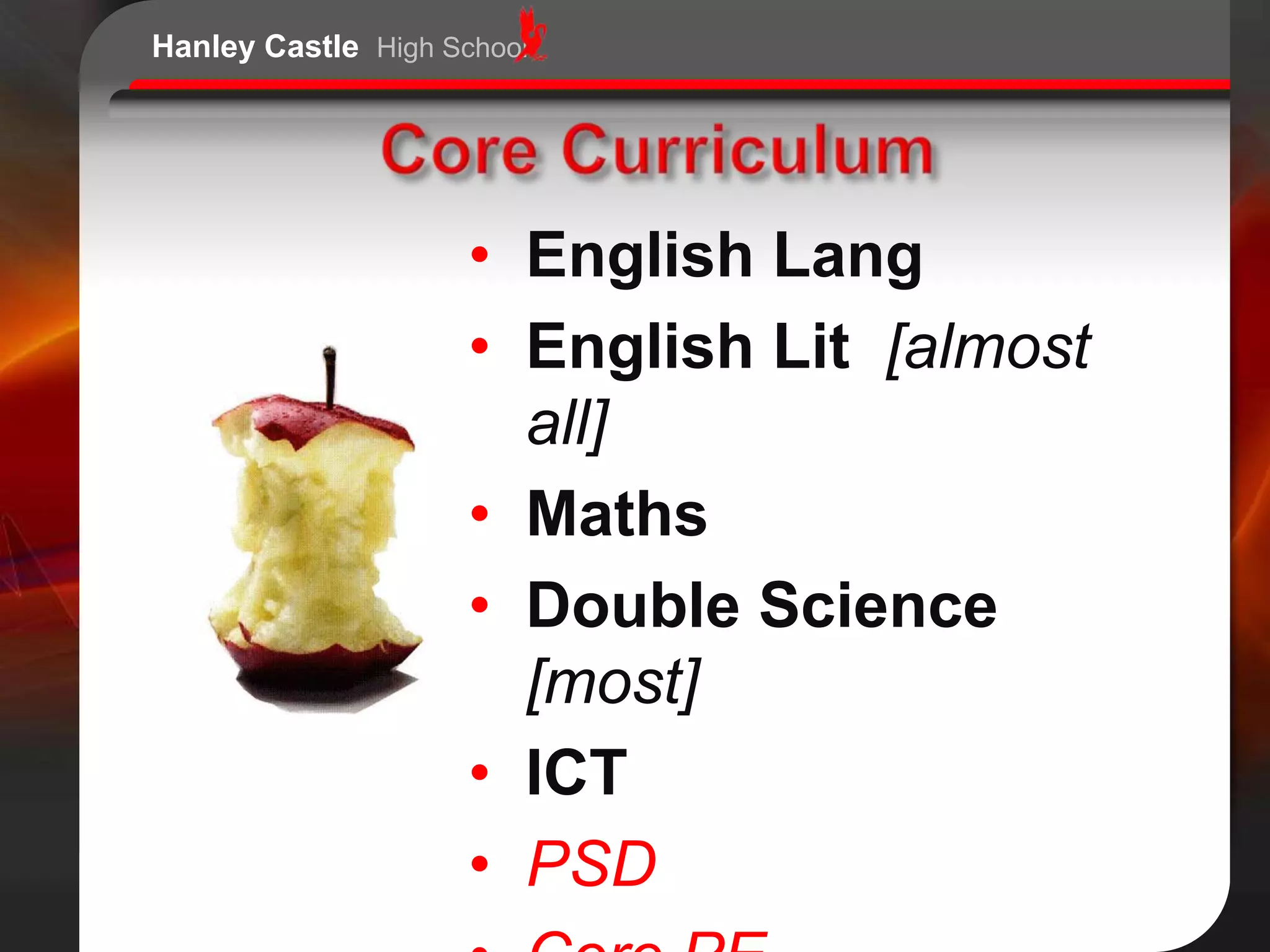 Hanley Castle High School




                     • English Lang
                     • English Lit [almost
                       all]
                     • Maths
                     • Double Science
                       [most]
                     • ICT
                     • PSD
 